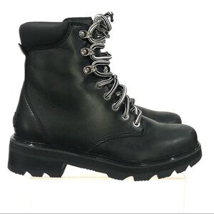Sorel Lennox Black Leather Moto Combat Lace Up Lug Sole Boots